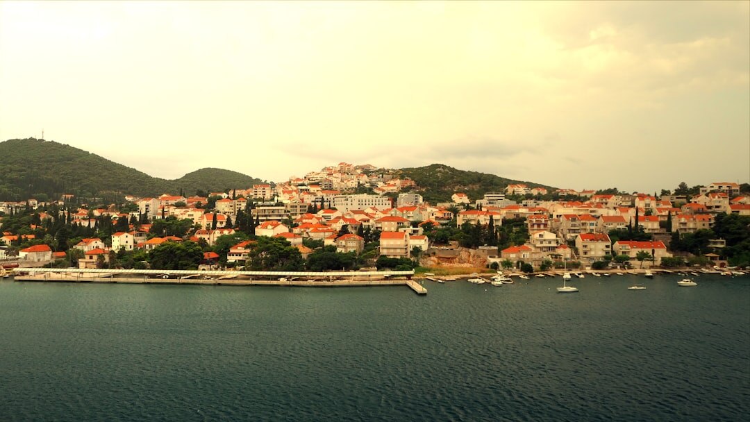 Aerial view of Dubrovnik old town red rooftops and Adriatic sea